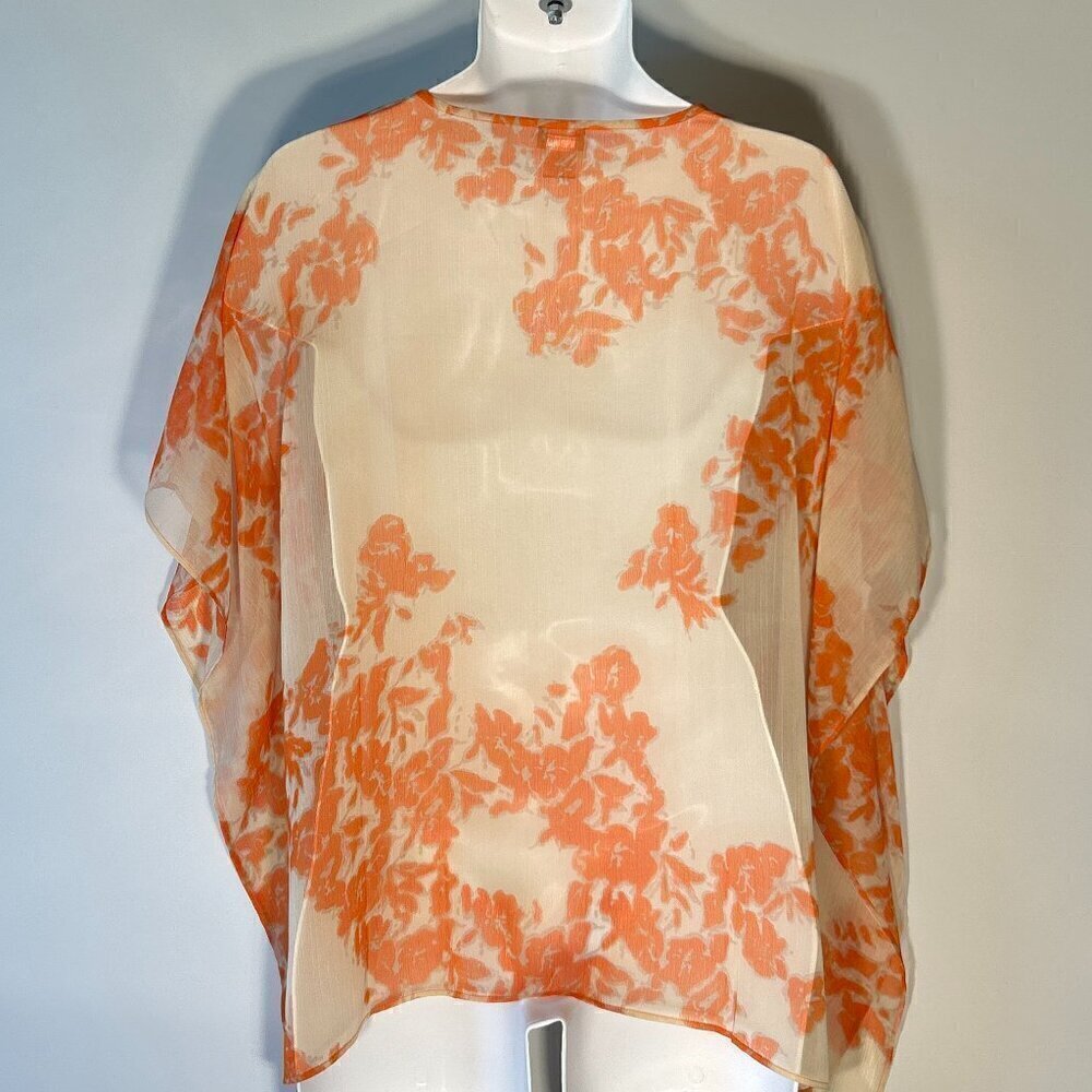 Chico's SZ S/M Orange print crochet trim Poncho Boho Chic Fairy Resort Artsy - Picture 3 of 5